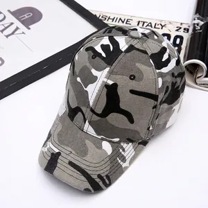 Close-up of camouflage baseball cap with reinforced stitching and 6-panel crown detail