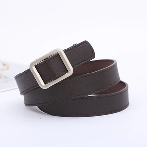 Close-up of a dark brown leather belt with a square silver buckle and stitched details