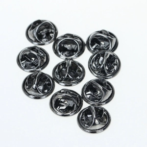 Set of 10 black metal butterfly clutch pin backs for lapel pins and badges on white background