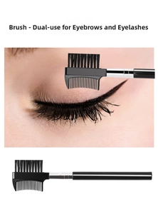 Close-up of dual-ended eyebrow and eyelash grooming tool with fine bristles and comb