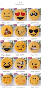 Detailed display of 15 various yellow plush emoji coin purses with assorted facial expressions