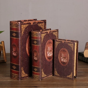 Set di 3 scatole decorative a forma di libro vintage in legno e finta pelle