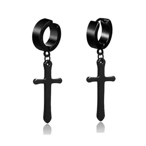 Pair of hypoallergenic black stainless steel clip-on earrings with cross pendants for men