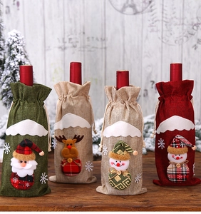 Set of four burlap Christmas wine bottle bags with 3D Santa, reindeer and snowman figures