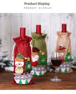 Three festive burlap Christmas wine bottle covers with 3D Santa and snowman decorations