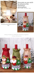 Detailed view of Christmas burlap wine bottle covers with Santa and snowman plush dolls