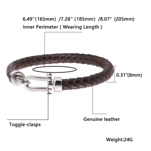Size guide for men's brown braided leather bracelet with stainless steel horseshoe clasp