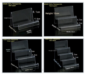 Clear acrylic tiered display stand showing 1 to 4 levels for wallets and cosmetics