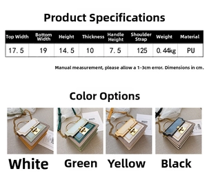 Detailed size specifications and multi-color view of stylish PU leather chain crossbody bag