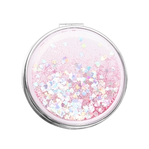 Pink quicksand cosmetic mirror with heart sequins and folding double-sided design