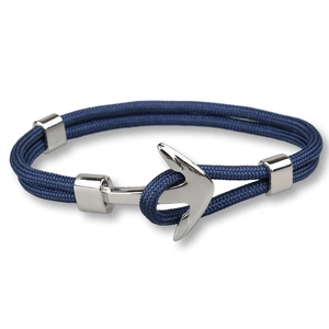 Detail of blue polyester rope bracelet with silver anchor clasp on white background