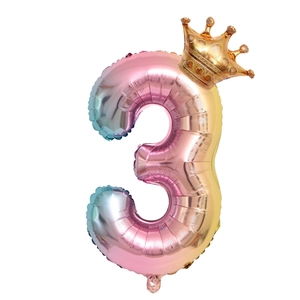 Detail of 32-inch gradient number 3 foil balloon with golden crown for birthday party decor