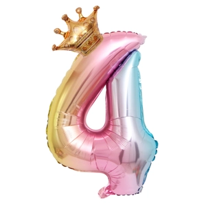 Detail of gradient foil number 4 balloon featuring a golden crown for birthday parties