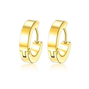 Detailed view of two polished gold stainless steel hoop earrings with clear reflections