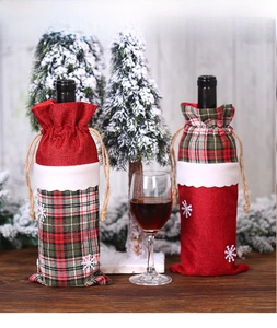 Housse de bouteille de vin de Noël en lin avec motif écossais et broderie flocon