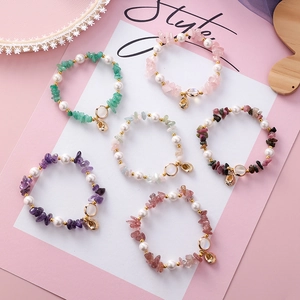 Handmade shell pearl beaded elastic bracelets with irregular natural stones in six colors