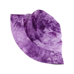 Detail of purple tie-dye cotton bucket hat with white multi-row stitching on brim