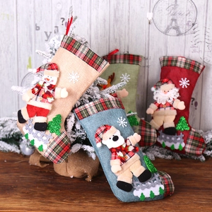 Set of 4 burlap Christmas stockings with 3D Santa, snowman and bear characters