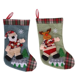 Christmas stocking set with plaid trim, featuring 3D polar bear and reindeer dolls
