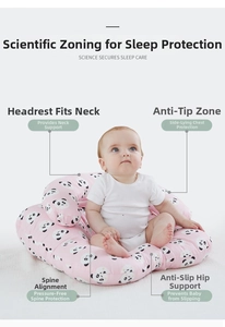 Detail view of pink panda baby nursing pillow with head support and spine protection