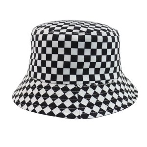 Double-sided sun bucket hat with black and white checkerboard pattern and wide brim