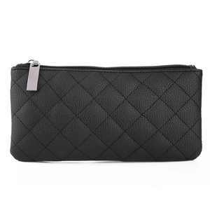 Black quilted PU leather makeup bag with diamond pattern and metal zipper for travel