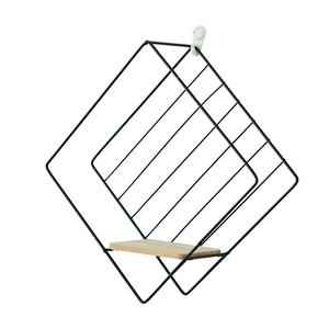 Estante de pared nórdico de hierro negro con base de madera en forma de rombo