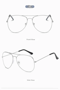 Close-up of silver metal aviator glasses frame with sleek double bridge and black eartips