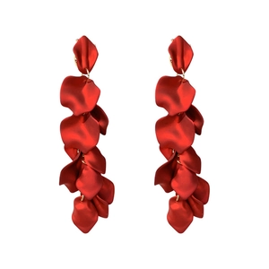 Elegant long red rose petal tassel earrings with gold links on white background