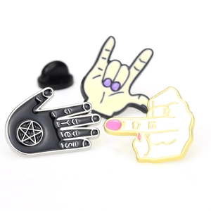 Set of three punk enamel alloy pins featuring mystic hand gestures on a white background