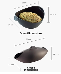 Detailed dimensions of foldable silicone fish steamer and bread baker in open and closed modes