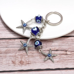 Evil Eye Keychain With Starfish Pendants Blue Glass Beads Alloy Lucky Amulet Bag Hanging Accessory