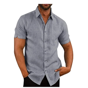 Men's grey short sleeve linen shirt with turn-down collar and single pocket on chest