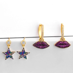 Fashionable gold earrings set with colorful zircon stones in star and lip designs