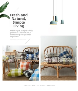 Detailed view of woven linen plaid pillowcases in various colors on a rattan sofa