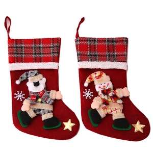 Large plaid Christmas stockings with 3D polar bear and snowman for holiday decoration
