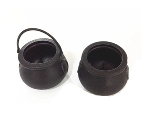 Detailed view of mini black Halloween witch cauldrons with matte finish handles