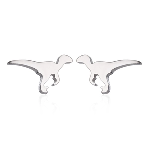 Minimalist polished stainless steel dinosaur stud earrings for women on white background