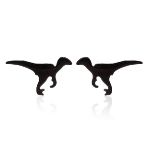 Minimalist matte black stainless steel dinosaur stud earrings shown in a pair on white background
