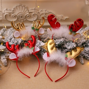 Weihnachts-Rentier-Geweih-Haarreifen mit Glocken und Plüschbesatz in Rot und Gold, 4er-Set