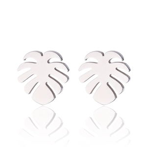 Polished silver monstera leaf stud earrings for women with a sleek mirror reflection