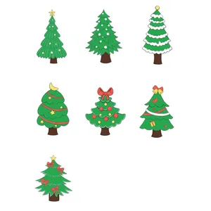 Collection of seven green miniature artificial Christmas trees with diverse holiday ornaments