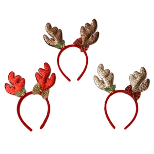 Christmas reindeer antler headbands in red, gold, and brown colors with glitter and bells