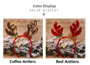 Detailed comparison of brown and red Christmas reindeer antler headbands with glitter bows