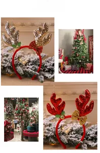Detailed view of sequined reindeer antlers headbands with bells and festive bow ornaments