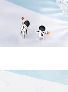 Detailed view of astronaut earrings with silver metal finish and orange star accents
