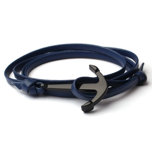 Bracciale in pelle intrecciata blu scuro da uomo con chiusura a ancora in lega nera