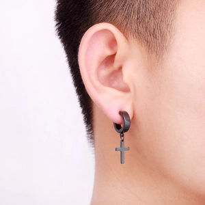 Classic black stainless steel hoop earring with a cross pendant for men and women