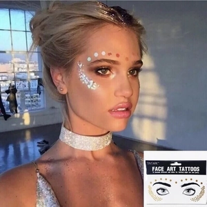 Silver glitter face art tattoo stickers for festivals and parties shown on a model