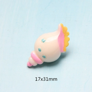 Detailed macro shot of 17x31mm beige resin conch charm with pink and yellow details